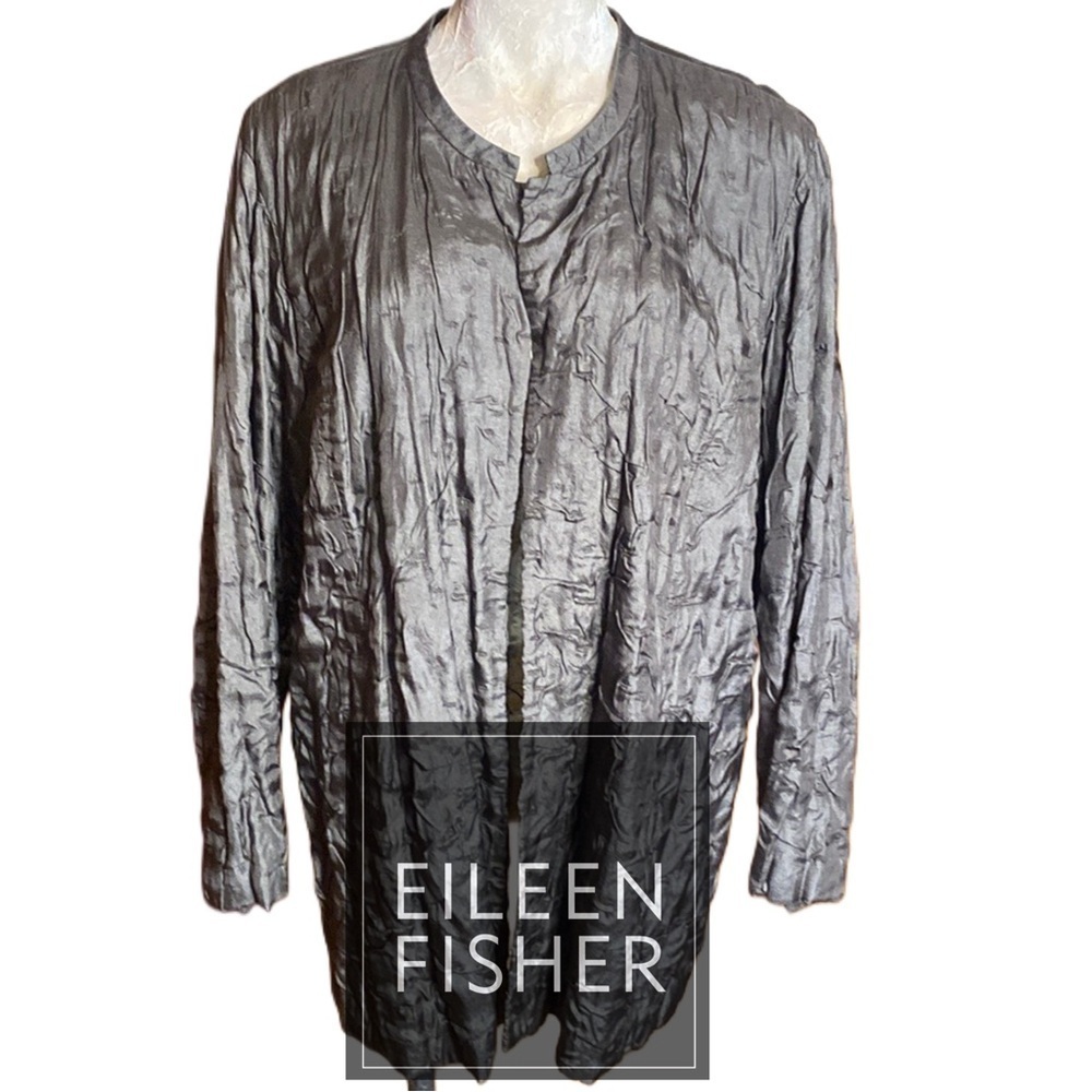 Eileen Fisher Woman Silk Crinkle Open Jacket Cardigan Silver Gray Pockets Xl/Xxl